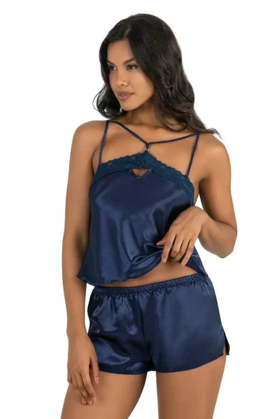 Yakası Dantel Saten Kısa Şort Takımı Lacivert Ahu Primoda 9211