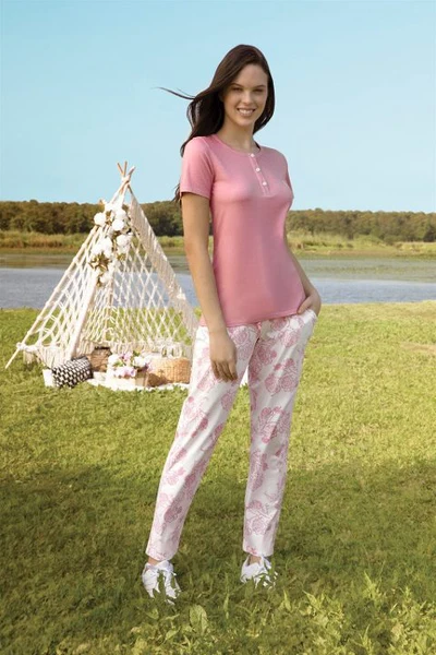 Yakası Düğmeli Kadın Pembe Desenli T-Shirt Pijama Takımı Doreanse 4233
