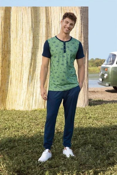 Yaprak Desenli Düğmeli Bisiklet Yaka Erkek T-Shirt Pijama Takımı Doreanse 4783
