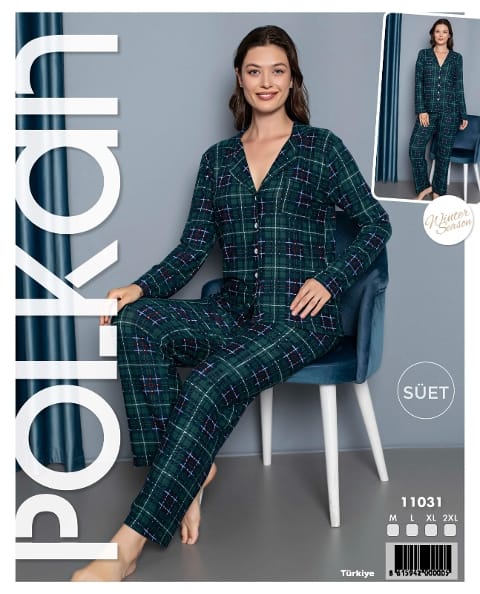 Yeşil Çizgili Önden Düğmeli Uzun Kollu Süet Pijama Takım Polkan 11031