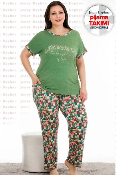 Yeşil Desenli Yazlık Büyük Beden Pijama Takımı Lady 10935