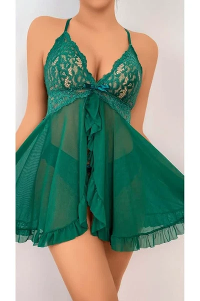 Zümrüt Yeşili Dantel İşlemeli Kısa Fantezi Kadın Geceliği Ruselin 2114