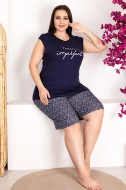 Lady  Büyük Beden Çizgili Sıfır Kollu Şortlu Pijama Takımı Lady 10418