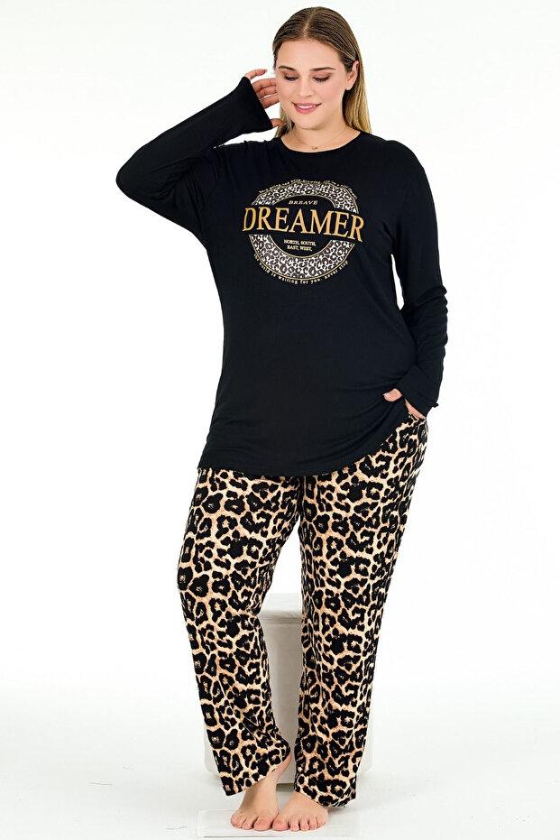 Uzun Kollu Leopar Desenli Cepli Büyük Beden Kadın Pijama Takımı Lady 11379
