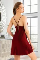 Sırt Çapraz Askılı Saten Kısa Gecelik Miss Laris 2104 Bordo detay görünüm
