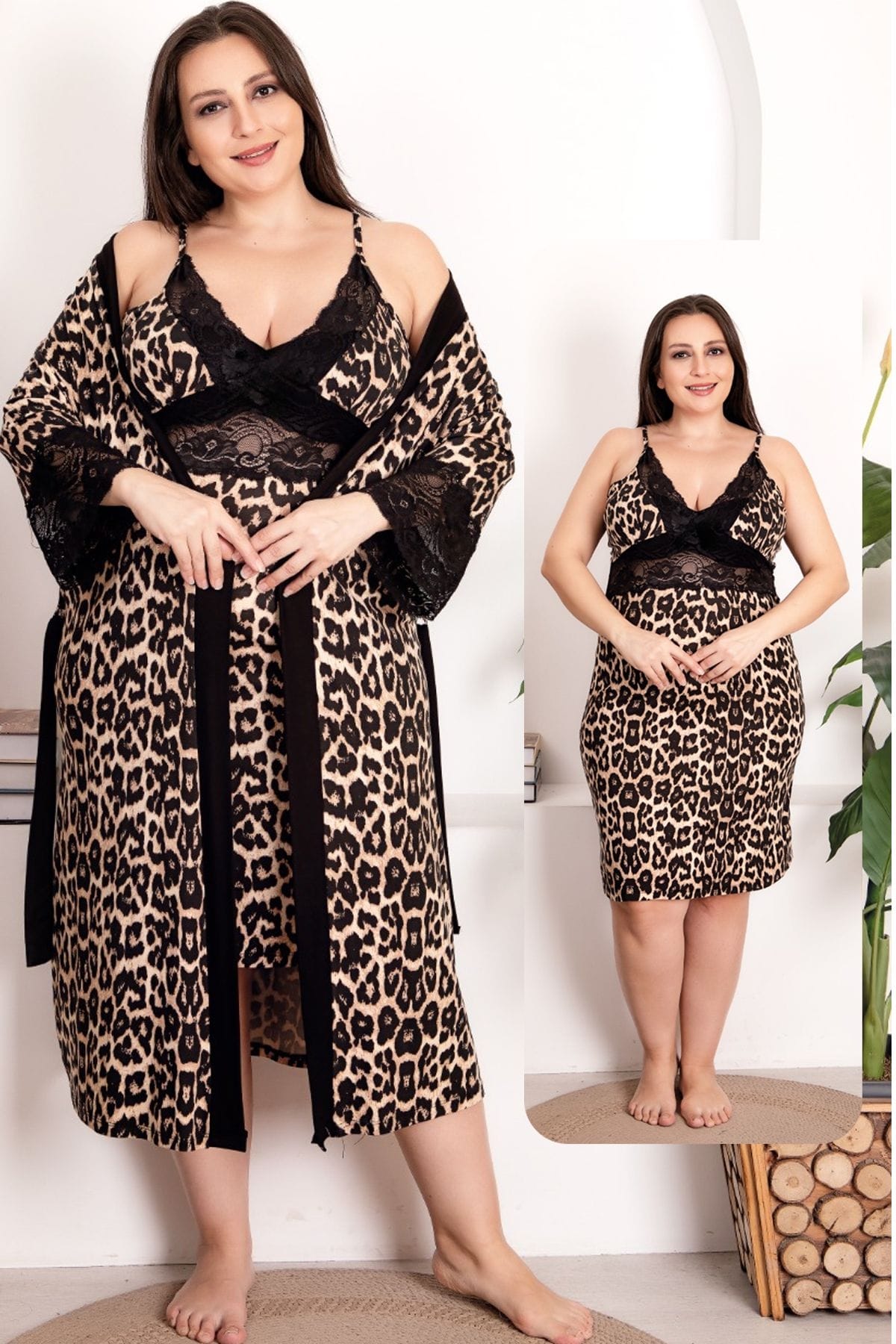 2li Leopar Desenli Büyük Beden Dantelli Gecelik Sabahlık Takımı Lady 19204