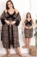 2li Leopar Desenli Büyük Beden Dantelli Gecelik Sabahlık Takımı Lady 19204  Siyah