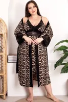 2li Leopar Desenli Büyük Beden Dantelli Gecelik Sabahlık Takımı Lady 19204  Siyah farklı açı
