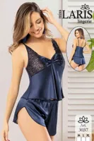 Saten Dantelli Kadın Şort Pijama Takımı Miss Laris 3037 Lacivert