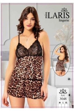 Miss Laris Leopar Desen Dantelli Kadın Şort Pijama Takımı Miss Laris 3048