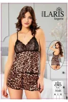 Leopar Desen Dantelli Kadın Şort Pijama Takımı Miss Laris 3048 Kahverengi