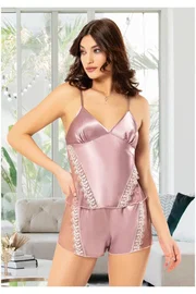 Miss Laris Transparan Parçalı Saten Kadın Şortlu Pijama Takımı Miss Laris 3063