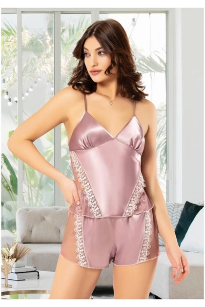 Transparan Parçalı Saten Kadın Şortlu Pijama Takımı Miss Laris 3063