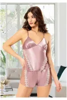 Transparan Parçalı Saten Kadın Şortlu Pijama Takımı Miss Laris 3063 Pudra