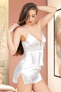 Miss Laris Dantel Yırtmaçlı İnce Askılı Saten Pijama Takımı Miss Laris 3083 - Alternatif Görünüm