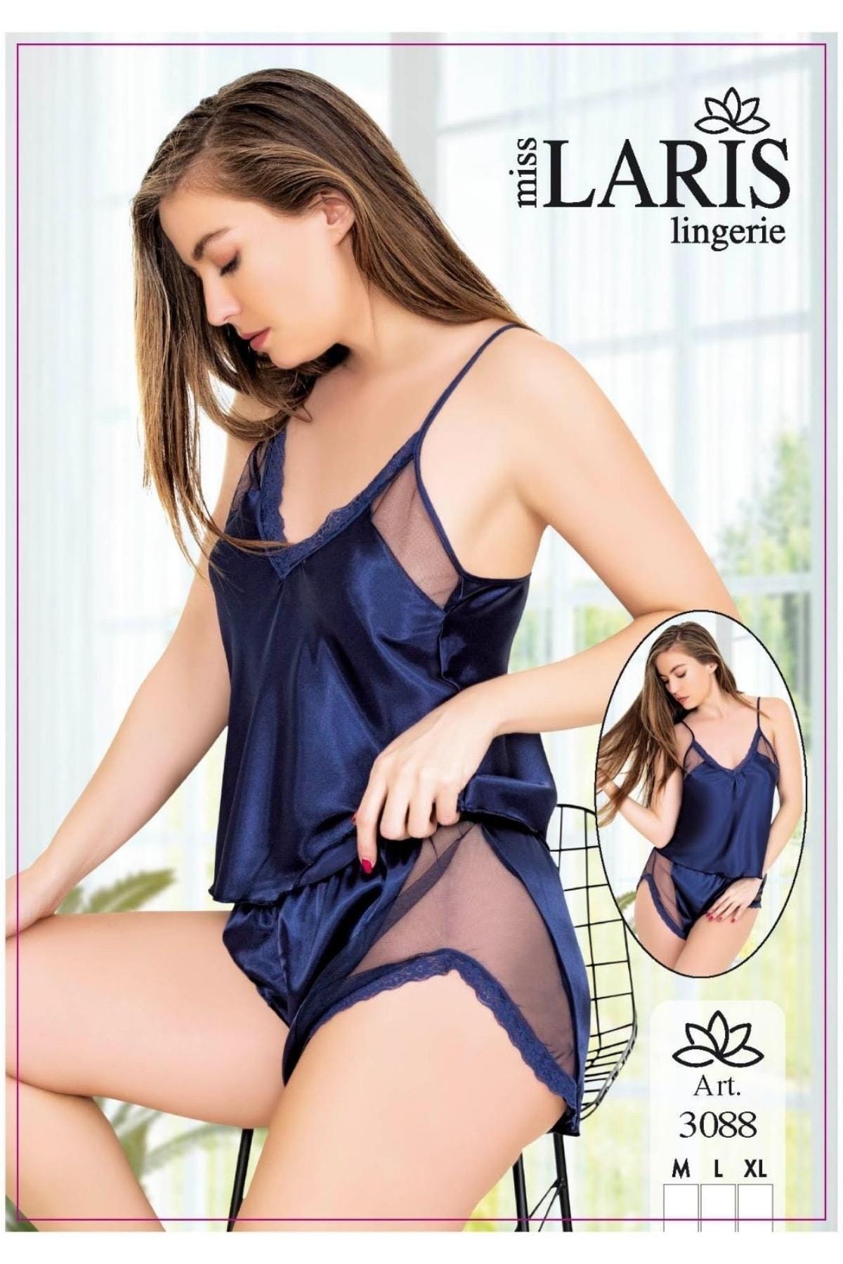 Yanları Transparan Saten Şort Pijama Takımı Miss Laris 3088