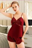 Saten Bordo Askılı Kadın Şort Pijama Takımı Miss Laris 3096 Bordo