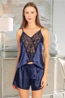 Asimetrik Kesim Saten Kadın Şort Pijama Takımı Miss Laris 3097 Lacivert detay görünüm