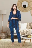3lü Dantelli Yarım Kollu Sabahlık Pijama Takımı İzabel SB-5002 Lacivert