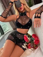 4 Parça Siyah Seksi Vücut Çorabı Taşlı İzabel 7036 Siyah görsel 5