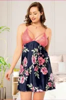 Dantelli İnce Askılı Saten Büyük Beden Gecelik Miss Laris 4012 Lacivert