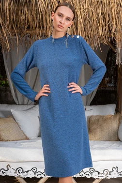 Vienetta Omuz Düğme Aksesuarlı Lacivert Uzun Kadın Elbise Vienetta 405163