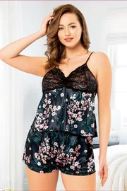 Miss Laris Çiçekli İnce Askılı Büyük Beden Kadın Şort Pijama Takımı Miss Laris 4212