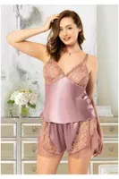 Fırfırlı Saten Büyük Beden Şort Pijama Takımı Miss Laris 4219 Pudra