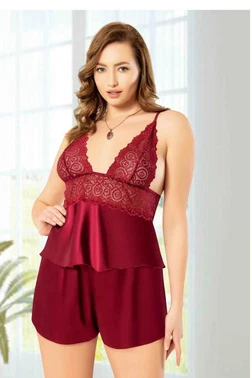 Miss Laris Bordo Dantelli Büyük Beden Şort Pijama Takımı Miss Laris 4221