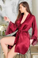 Kuşaklı Saten Kadın Sabahlık Gecelik Takımı Miss Laris 5042 Bordo