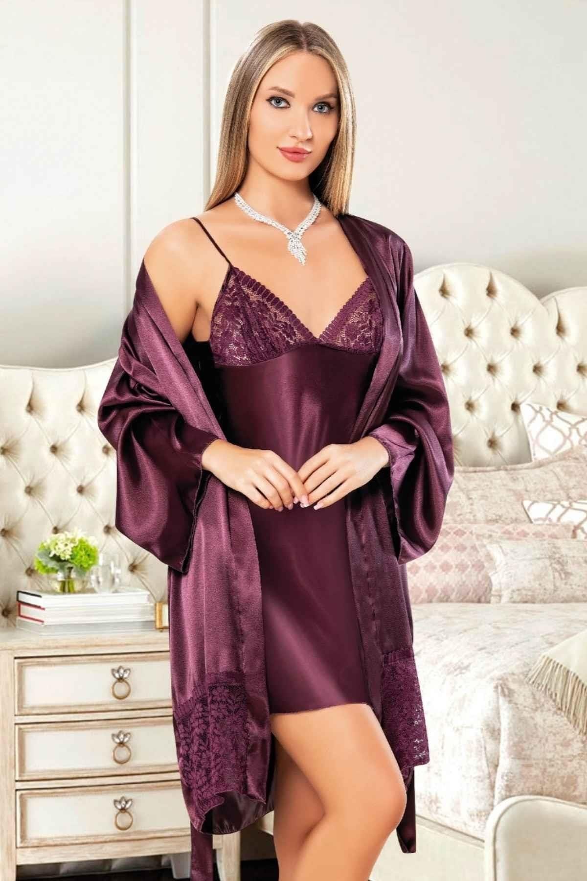 İp Askılı Saten Gecelik Sabahlık Takımı Miss Laris 5052
