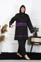 Tesettür Büyük Beden Mor Çizgili Kadın Mayo  Akbeniz 55015 Siyah