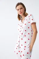 Beyaz Kırmızı Kalpli Önden Düğmeli Pijama Takımı Akbeniz 2787  Beyaz görsel 4