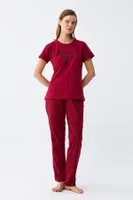 Kalp Desenli Kısa Kollu Kadın Bordo Penye Pijama Takımı Akbeniz 2785 Bordo detay görünüm