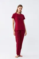 Kalp Desenli Kısa Kollu Kadın Bordo Penye Pijama Takımı Akbeniz 2785 Bordo farklı açı
