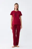 Kalp Desenli Kısa Kollu Kadın Bordo Penye Pijama Takımı Akbeniz 2785 Bordo görsel 4