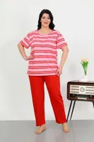 Çizgili Büyük Beden Kısa Kollu Penye Pijama Takımı Kırmızı Akbeniz 202505 Kırmızı