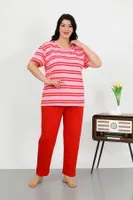 Çizgili Büyük Beden Kısa Kollu Penye Pijama Takımı Kırmızı Akbeniz 202505 Kırmızı farklı açı