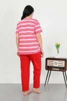 Çizgili Büyük Beden Kısa Kollu Penye Pijama Takımı Kırmızı Akbeniz 202505 Kırmızı görsel 4