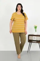 Büyük Beden Çizgili Kısa Kollu Penye Kadın Pijama Takımı Akbeniz 202505 Sarı