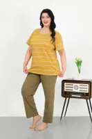 Büyük Beden Çizgili Kısa Kollu Penye Kadın Pijama Takımı Akbeniz 202505 Sarı detay görünüm