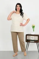 Çizgili Büyük Beden Kısa Kollu Penye Kadın Pijama Takımı Akbeniz 202505 Sütlü Kahve