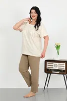 Çizgili Büyük Beden Kısa Kollu Penye Kadın Pijama Takımı Akbeniz 202505 Sütlü Kahve görsel 4