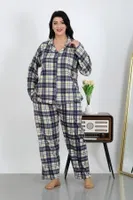 Büyük Beden Pamuklu Cepli Düğmeli Lacivert Pijama Takım Akbeniz 202504 Lacivert