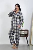 Büyük Beden Pamuklu Cepli Düğmeli Lacivert Pijama Takım Akbeniz 202504 Lacivert detay görünüm