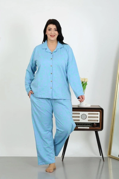 Büyük Beden Pamuklu Cepli Düğmeli Pijama Takım Akbeniz 202504