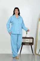 Büyük Beden Pamuklu Cepli Düğmeli Pijama Takım Akbeniz 202504 Mavi detay görünüm