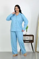Büyük Beden Pamuklu Cepli Düğmeli Pijama Takım Akbeniz 202504 Mavi farklı açı