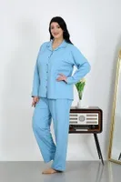 Büyük Beden Pamuklu Cepli Düğmeli Pijama Takım Akbeniz 202504 Mavi görsel 4