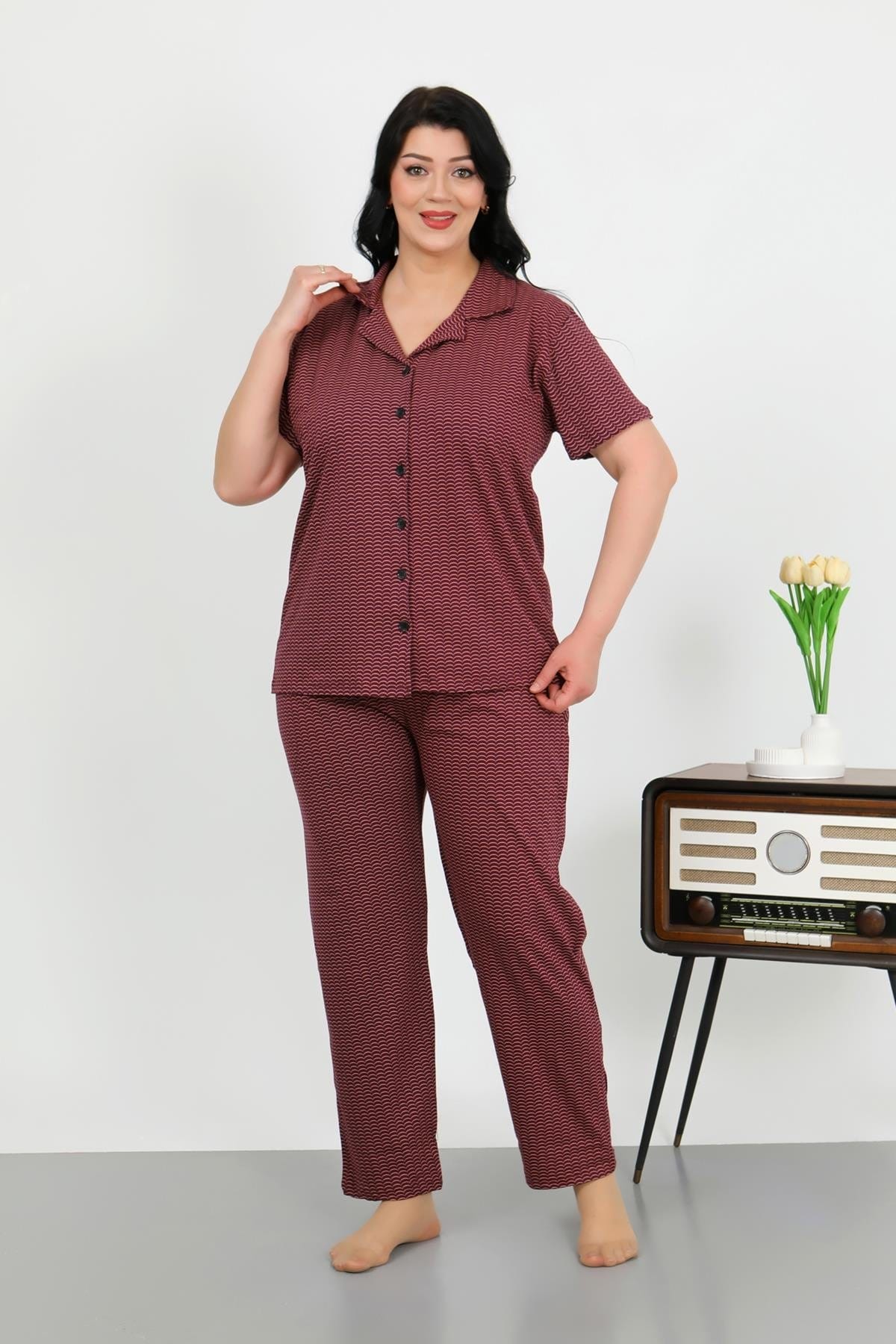 Pamuklu Büyük Beden Cepli Düğmeli Kadın Pijama Takım Akbeniz 202507